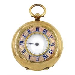 Early 20th century 18ct gold half hunter key wound cylinder fob watch, white enamel dial with Roman numerals, back case monogrammed, stamped K 18