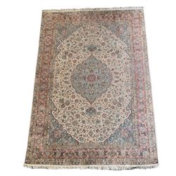 Fine beige ground silk rug, duck egg blue medallion and spandrels, field with interlaced foliate, double guarded border 321cm x 215cm