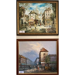 P Andre French street scene, oil on canvas, signed 40cm x 50cm and another similar oil painting, unsigned
