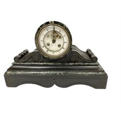 French - mid 19th century 8-day Belgium slate and marble mantle clock, with a drum case and carved volutes on a serpentine plinth, two part enamel dial with moon hands and visible Brocot escapement, striking the hours and half hours on a bell. No pendulum or bell,