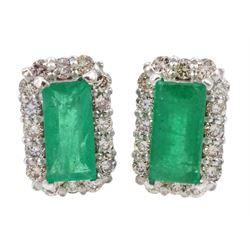 Pair of 18ct white gold emerald and round brilliant cut diamond cluster stud earrings, stamped K18, total emerald weight approx 0.60 carat