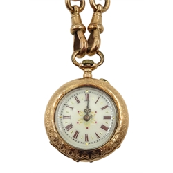 Early 20th century 9ct gold tapering Albert T and clips by Charles Daniel Broughton, Birmingham, with Continental 14ct gold fob watch, stamped 585