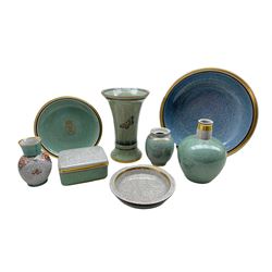 Group of Royal Copenhagen crackle glazed pottery including a blue circular bowl with gilt rim D25cm, three vases, lidded box and cover, Dahl Jensen vase no. 212 and other pieces (8)
