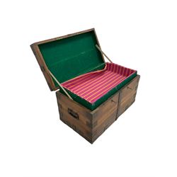 Oak plate chest, with iron bands, the hinged lifting lid opening to reveal baize lined interior with one lift out tray W81cm, H47cm, D45cm  