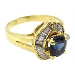 Gold oval sapphire and vari-cut diamond cluster ring, stamped 18ct 750, sapphire approx 1.10 carat, total diamond weight approx 1.00 carat