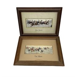 Pair of Stevengraph woven silk pictures 'The Start' and 'The Meet' one with the trade label of Thomas Stevens to the reverse image size 5cm x 15cm 