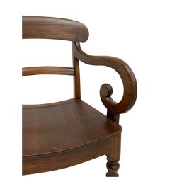 Victorian mahogany elbow chair, shaped bar back over scrolling arms, dished seat, on turned front supports