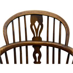 19th century elm and ash Windsor armchair, double hoop and stick back with pierced splat, dished seat on turned supports joined by crinoline stretcher