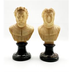 Pair of 19th century Grand Tour alabaster busts of Ariosta and Petrarca (Petrarch) on serpentine or marble socles H23cm