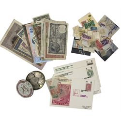 World stamps, banknotes and coins, including face value of approximately seventeen Swiss Francs, four Bank of England one pound notes, United States of America one dollar note etc