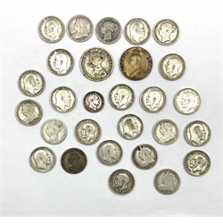 Twenty-five pre 1920 Great British one shilling coins including Queen Victoria 1868 with die number 22, 1881, King Edward VII 1905, 1906, 1907, 1908 etc, one sixpence coin dated 1836, Queen Victoria gothic florin and a florin dated 1887 (previously mounted)