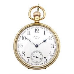 American 9ct gold open face, 17 jewels keyless lever pocket watch by Waltham, No. 26667736 and signed P. S. Bartlett, white enamel dial with Arabic numerals and subsidiary seconds dial, case by Aaron Lufkin Dennison, Birmingham 1931
