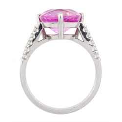 18ct white gold single stone trillion cut pink sapphire ring, with round brilliant cut diamond shoulders, sapphire approx 5.30 carat, total diamond weight 0.20 carat, hallmarked