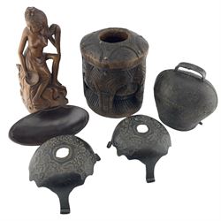 19th century African wooden spice mortar, with carved geometric pattern and brass stud work H22cm, pair of Chinese bronze stands on three splayed supports, Balinese hardwood carved figure of a semi nude woman etc