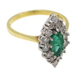 18ct gold marquise emerald and round brilliant cut diamond, marquise shaped ring, London 1987