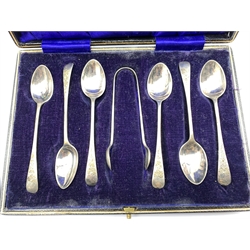 Set of six late Victorian engraved silver tea spoons and tongs Sheffield 1899 Maker Joseph Rodgers and a set of six silver coffee spoons with flattened stems Sheffield 1964 Maker Viners