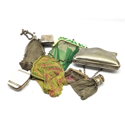 Art Deco Whiting and Davis Co. USA mesh hand bag, two other early 20th century mesh purses, two silver-plated purses and one other 
