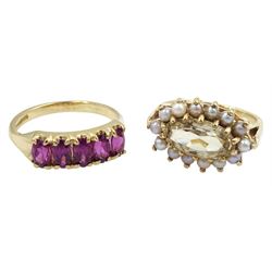 Gold five stone oval rhodolite garnet ring and a gold oval citrine and split pearl cluster ring, both 9ct 