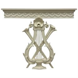 White painted console table, rectangular top over frieze with applied Vitruvian scroll, on shell and curled acanthus leaf decorated lyre support with crossed trumpets 
Provenance: From the Estate of the late Dowager Lady St Oswald