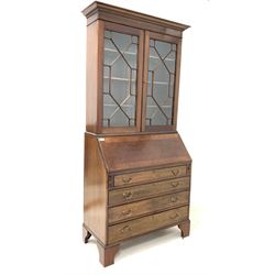20th century mahogany bureau bookcase, top section fitted with three shelves over fall front revealing fitted interior, four drawers under, raised on bracket supports W90cm