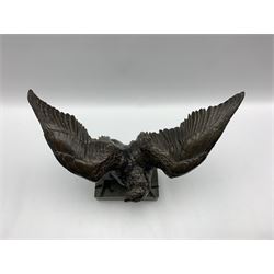 20th century bronze model of a Bird of Prey with wings outstretched, mounted on rectangular slate base W40cm x H25cm 