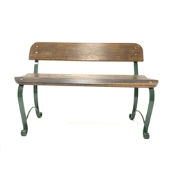 20th century garden bench with green powder coated scrolled wrought metal supports and slated oak seat and back W122cm