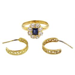 20ct gold blue and white paste stone cluster ring and a pair of 18ct gold hoop earrings