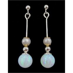 Pair of silver opal and pearl pendant stud earrings, stamped 925