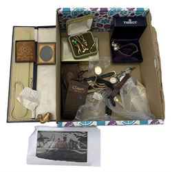 Costume jewellery, stamp, wristwatches, silver charm bracelet etc in one box
