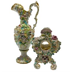 Coalbrookdale style floral encrusted ewer, H33.5cm together with a similar style 19th century porcelain pocket watch stand (2)