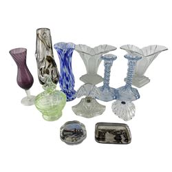 Whitefriars smoky brown knobbly vase designed by Wilson and Dyer H25cm, pair of Walther & Sohne 'Greta' pattern clear vases, pair of Walther & Sohne 'Mary' blue candlesticks H18cm, Art Deco design glass scent flask with silver collar Birmingham 1934, Baccarat heart shape box and cover and other glass (12)  