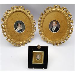 English School (19th century): Portraits of Husband and Wife, pair oval miniatures unsigned 9cm x 7cm in ornate gilt frames; 'Frederick Cornewall MP' (1752-1783), watercolour miniature unsigned 4cm x 3cm; and an Owen & Bowen map of Norfolk 18cm x 12cm (4)
