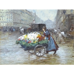 Johnny Gaston (British 1955-): The Flower Seller 'Paris', oil on panel signed, titled and dated '74, inscribed in the artist's hand verso 29cm x 39cm
