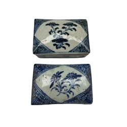 Matched pair of 18th/ 19th century Chinese blue and white rectangular boxes, both having inscriptions to the interior and floral decoration to the cover, L12cm and L11.5cm (2)