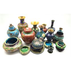 Quantity of cloisonne items including nine vases, tallest 21cm, jars, saucer dishes etc