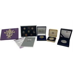 The Royal Mint United Kingdom 2008 'His Royal Highness The Prince of Wales' silver proof five pound coin, cased with certificate, Queen Elizabeth II 1980 silver crown, Great Britain and Northern Ireland 1980 proof coin set and a 2007 sterling silver commemorative medallion