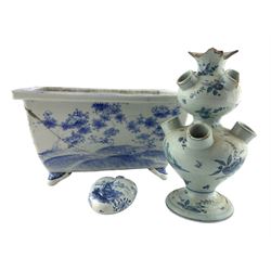 19th century Delft flask decorated to both sides with a boating scene and a female figure in 18th century dress H10cm, Delft Tulip vase, together with a Japanese Seto ware rectangular planter, L34cm (3)