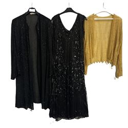 1920s style black beaded and sequin tabard dress, a French beaded evening jacket and an amber and yellow beaded jacket with zigzag shaped hem (3)