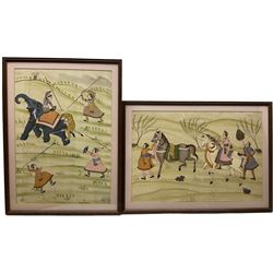 Rajasthani School (Early 20th century): Tiger Hunting Scene and Returning from the Hunt, pair paintings on silk or fabric 30cm x 43cm (2)