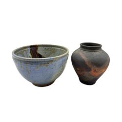 Pat Armstrong: copper Raku vase H16.5cm and a studio pottery bowl with blue glaze, indistinctly signed beneath (2)