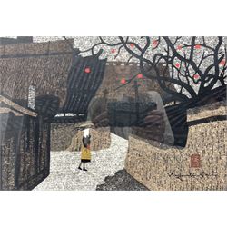 Kiyoshi Saito (Japanese 1907-1997): 'Persimmon Lined Street', colour woodblock print signed and stamped in the plate 26cm x 38cm