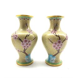 Pair of Oriental cloisonne baluster vases decorated with prunus on a scaled green ground H18cm
