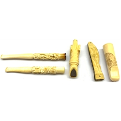 19th Century carved bone whistle modelled as a hounds head L6cm, Japanese ivory cheroot holder, two bone cigarette holders and a pen knife with simulated ivory case formed as a nude female