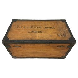 Early to mid-20th century wood and metal bound travelling trunk, the lid inscribed 'H.E. Sir Herbert Read. London (Yorkshire born art historian and poet)', zinc lined interior, fitted with metal carrying handles 