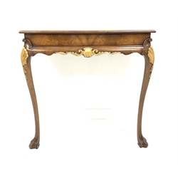 18th century design figured mahogany console table, with gilt shell motif, raised on scroll carved cariole supports to front,  (W79cm)