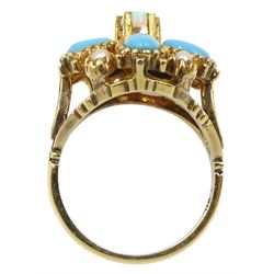 Silver-gilt turquoise, pearl opal cluster ring, stamped Sil