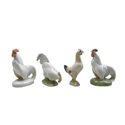 Three Royal Copenhagen porcelain Cockerels comprising 'Cock head down' no. 1127 and two 'Cock head up' no. 1126 all designed by Christian Thomsen, together with a Bing & Grondahl Hen no. 2193 designed by Svend Jespersen (4)