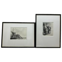 After Rembrandt van Rijn (Dutch 1606-1669): 'Beggars Receiving Alms' and 'The Windmill', two reproduction etchings max 15cm x 21cm (2)