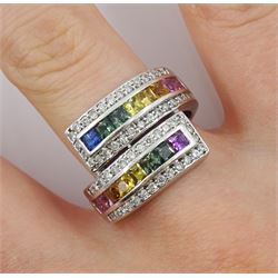 9ct white gold channel set princess cut rainbow sapphire crossover ring, with diamond set surround, hallmarked