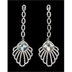 Pair of silver and gold aquamarine and round brilliant cut diamond openwork pendant stud earrings, total aquamarine weight approx 3.50 carat, total diamond weight approx 1.65 carat